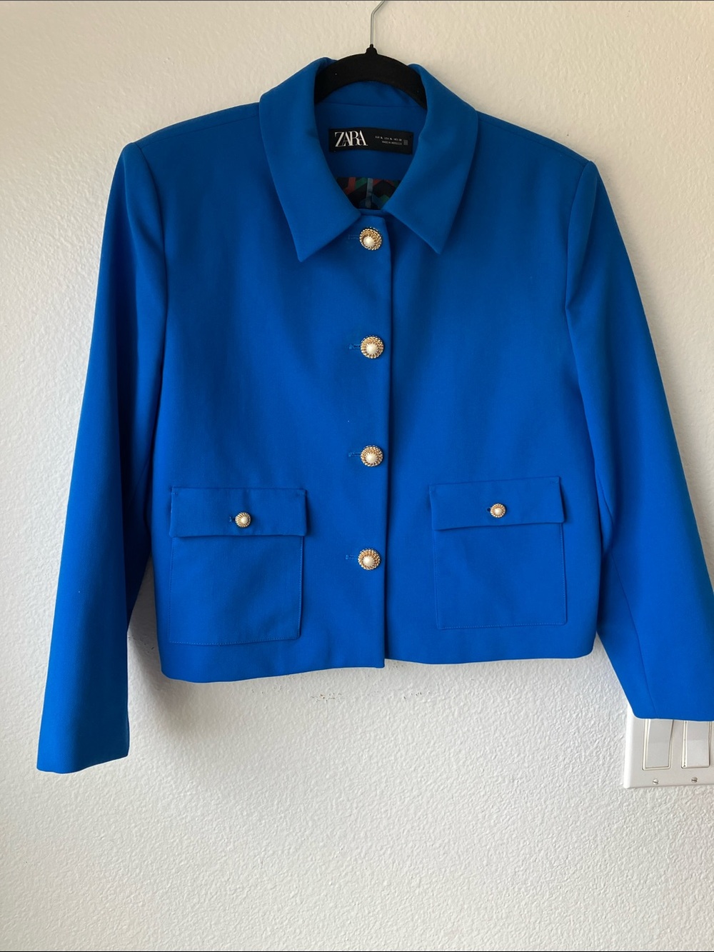 ZARA Royal Cobalt Bright Blue Cropped Button-Front Blazer XLarge